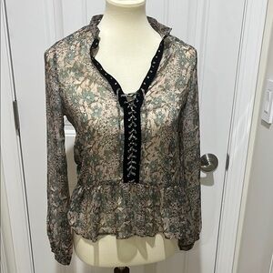Zara Floral Lace-Up sheer Blouse